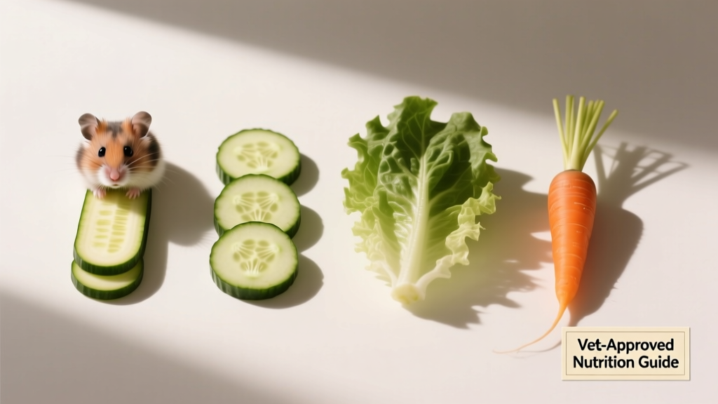 Side-by-side comparison of safe hamster veggies: zucchini, cucumber, romaine, and carrot tops on a clean white surface