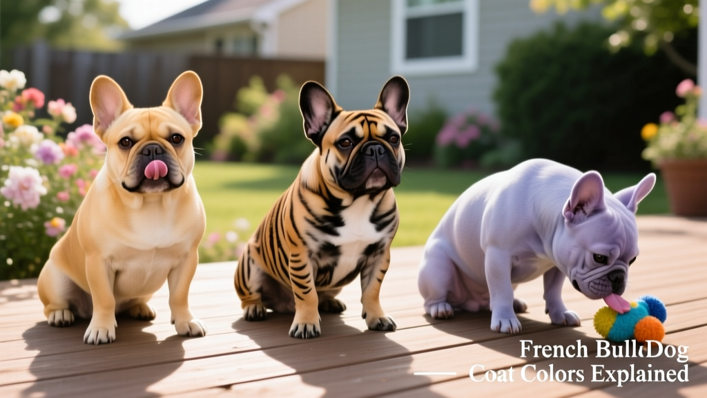 Side-by-side comparison showing common French Bulldog coat colors: fawn, brindle, and lilac