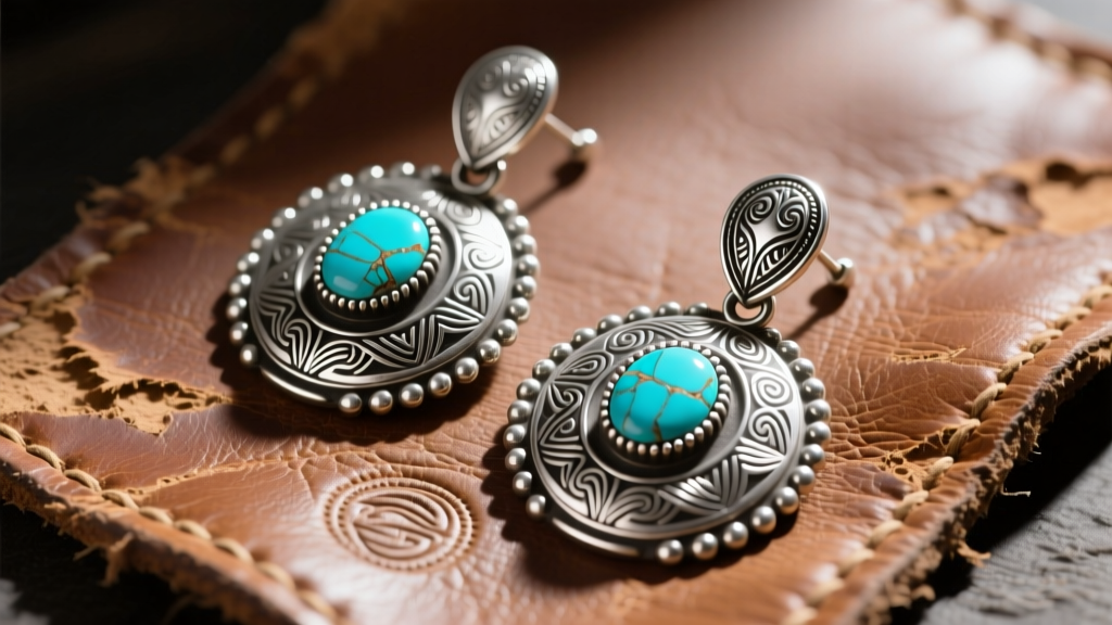 Overhead flat-lay of heavy sterling silver concho turquoise earrings on distressed leather highlighting intricate stamp work