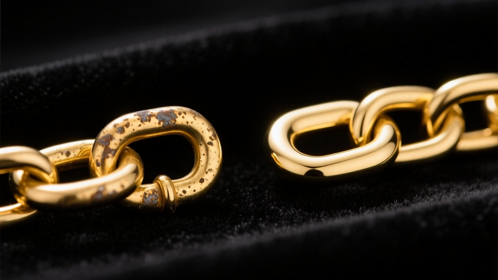 Macro photography comparing a tarnished gold vermeil chain link next to a pristine solid 14k gold link on dark velvet.