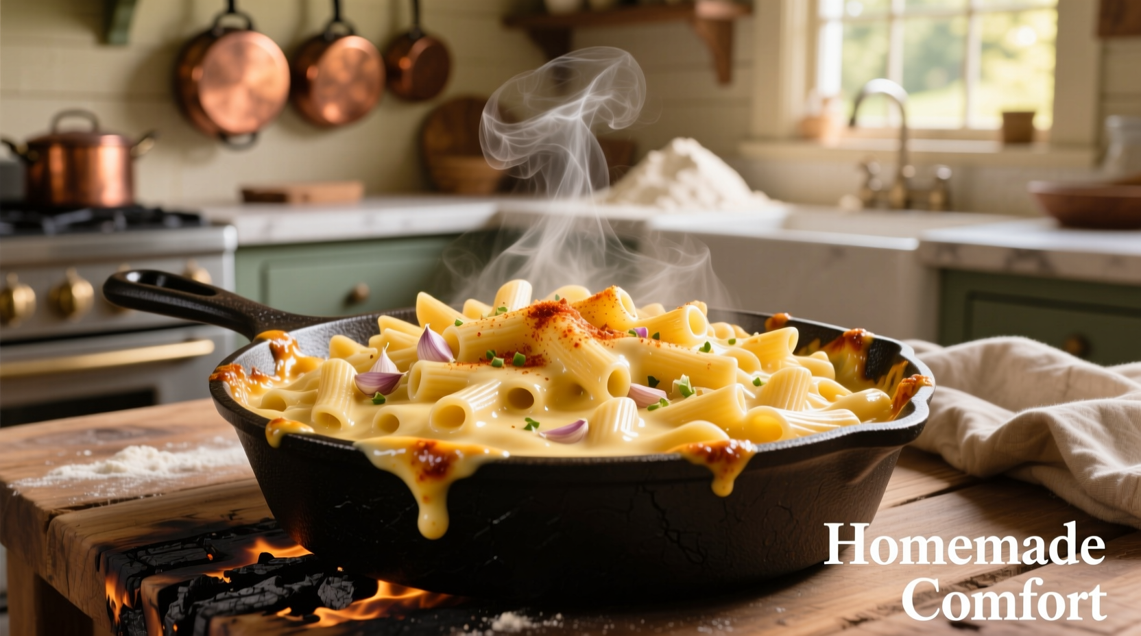 Creamy garlic mac and cheese in cast iron skillet