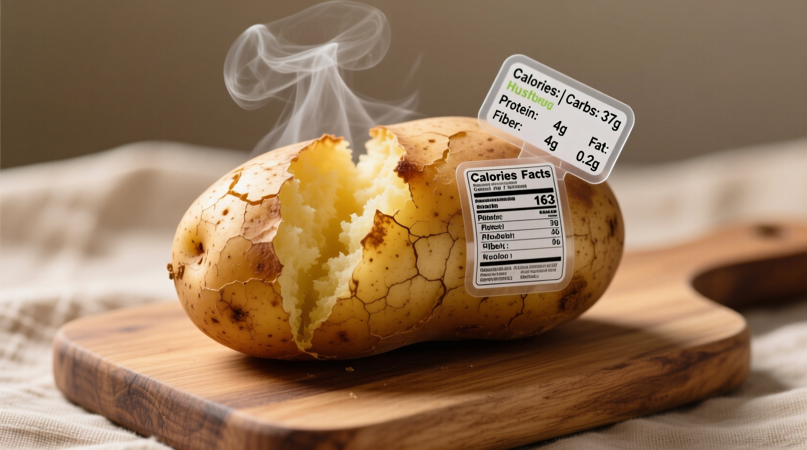 Baked potato with skin showing nutritional labels
