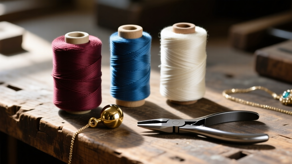 Spools of 0.8mm waxed cotton, nylon, and silk cord beside a brass bail and jewelry pliers on a rustic wooden workbench surface.
