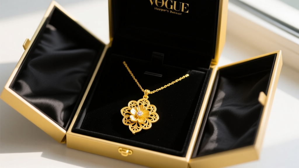 Elegant gift box opened to reveal a rich yellow 24 carat gold necklace with a traditional floral pendant, resting on dark velvet