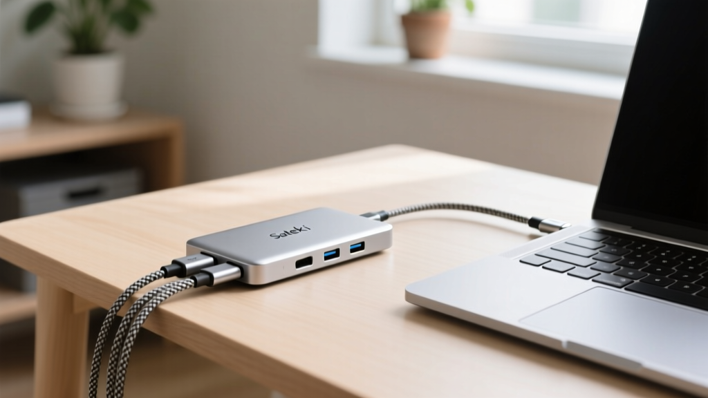Satechi Thunderbolt 4 Slim Dock connected to a MacBook Pro on a shallow desk with routed braided cables and right-angle USB-C adapters
