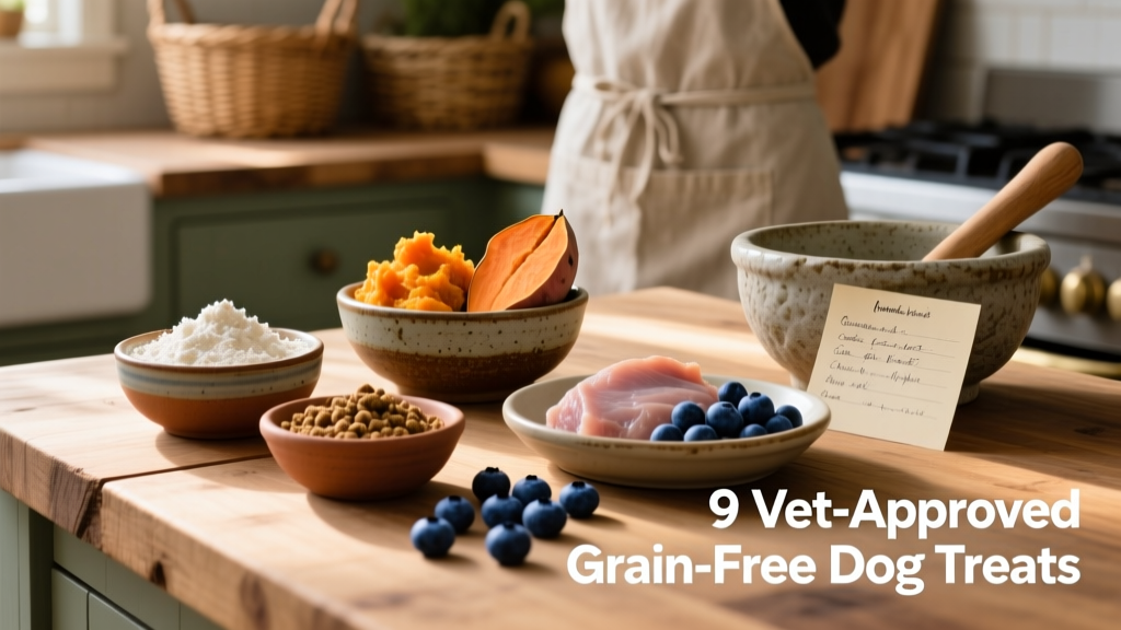 A rustic wooden counter with several small bowls containing grain-free ingredients like coconut flour, mashed sweet potato, ground turkey, and blueberries