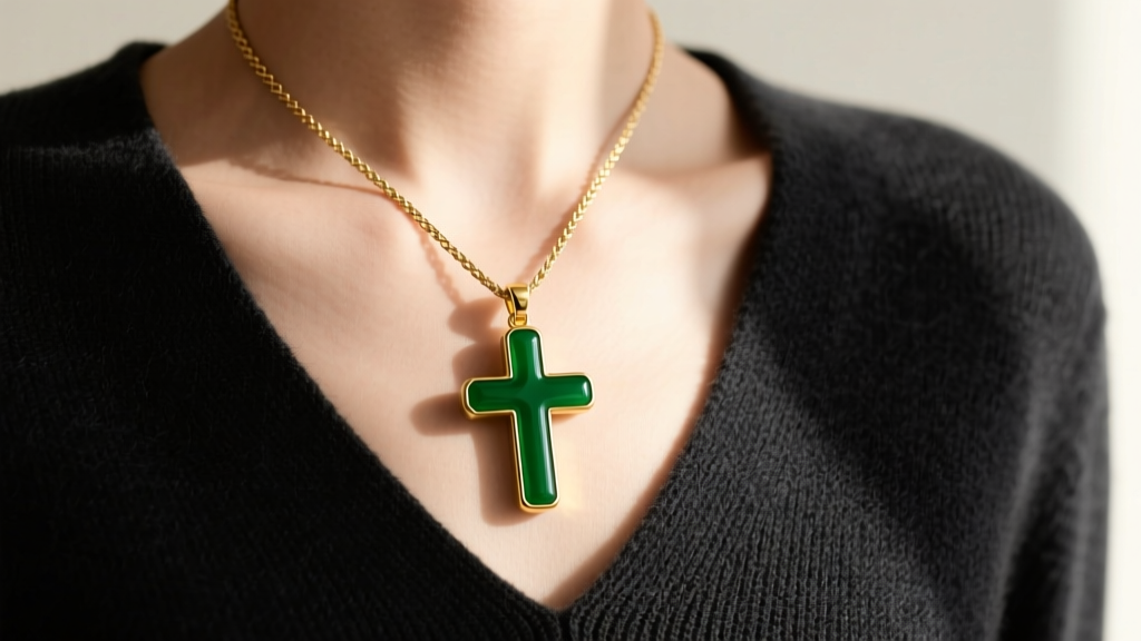 Layered 16-inch emerald cross gold pendant with 1mm rope chain worn over dark V-neck cashmere sweater in soft daylight