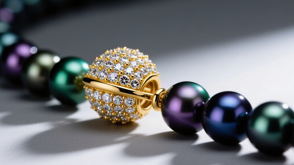 Close-up of an 18-karat yellow gold ball clasp with micro-pave diamonds, connecting a dark strand of round Tahitian black pearls.