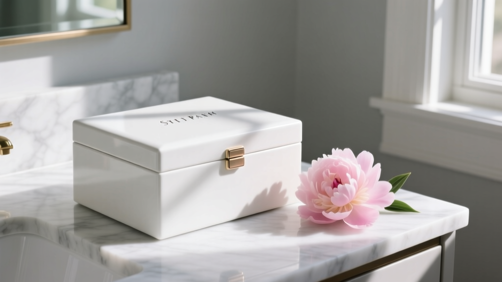 White Pottery Barn Stella large jewelry box on a marble vanity, softly lit by morning sunlight beside a delicate pink peony.