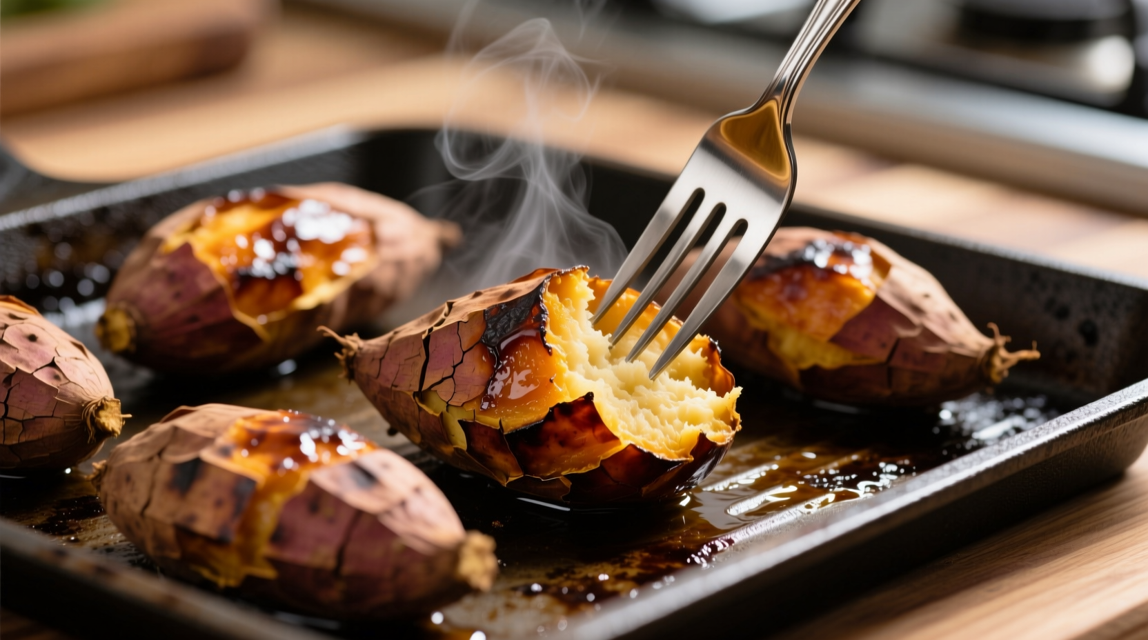 Perfectly roasted yams on baking sheet with fork