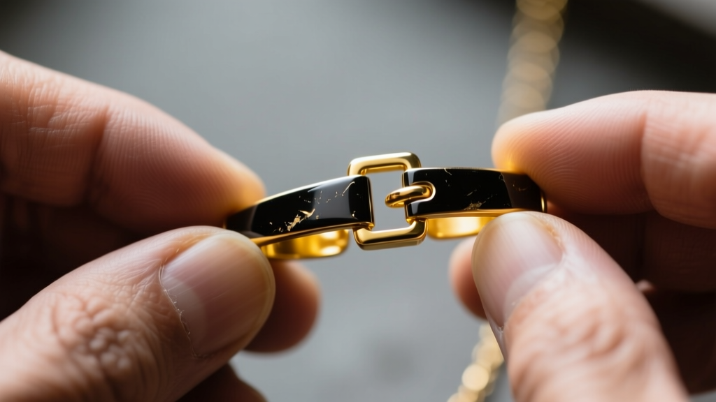 Close-up of a jeweler inspecting a black golden necklace clasp, showing yellow gold where the dark ruthenium plating faded.