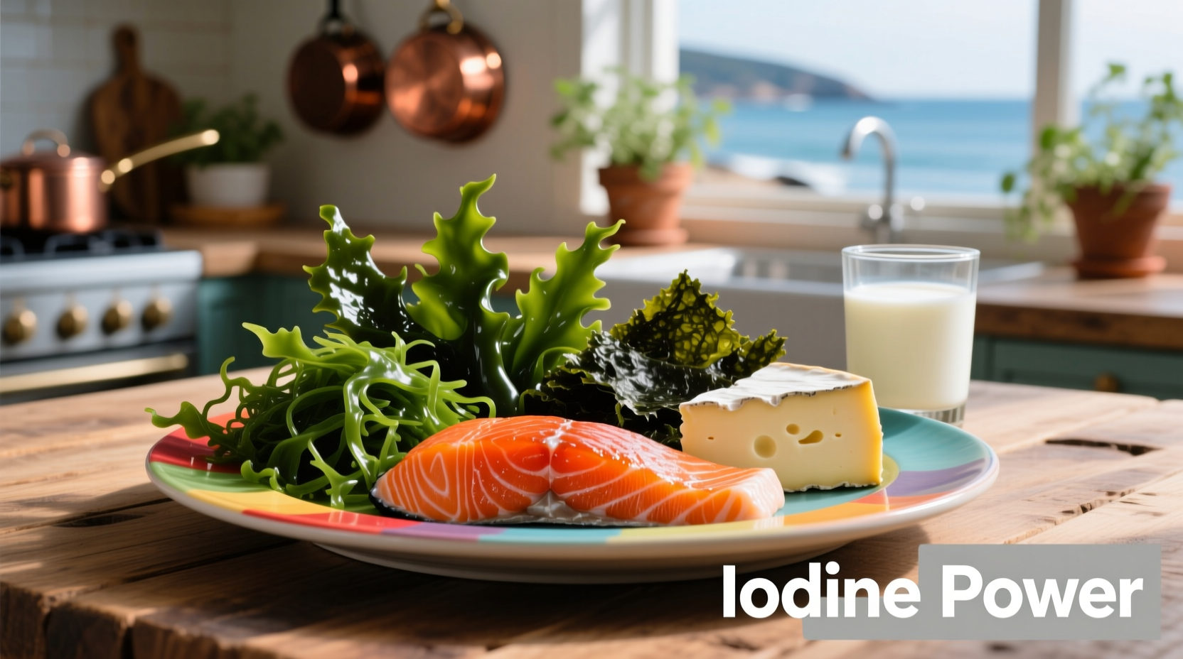 Colorful plate of iodine-rich foods including seaweed, fish, and dairy