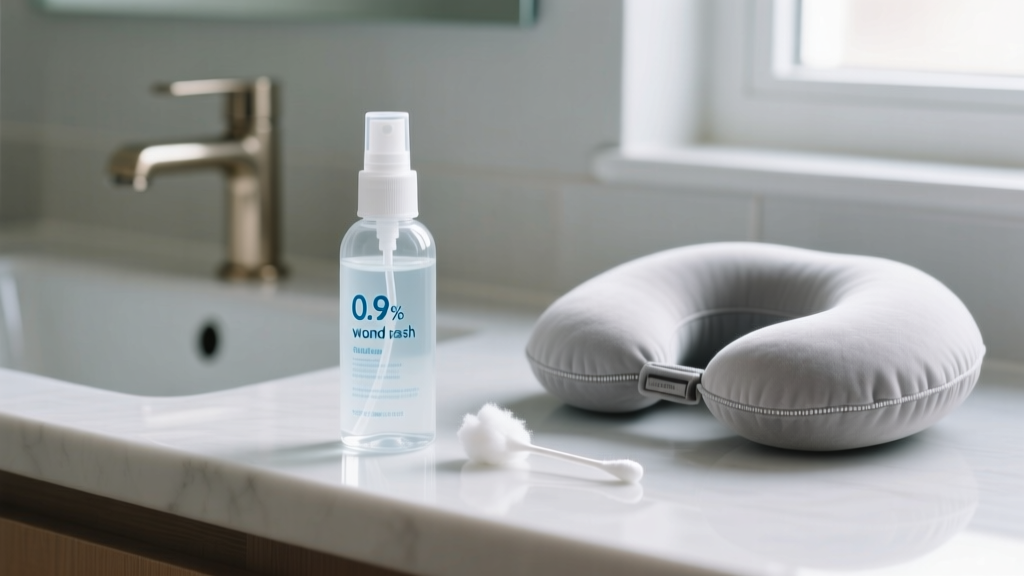 Sterile 0.9 percent saline wound wash spray bottle next to a clean cotton swab and a travel neck pillow on a bathroom counter