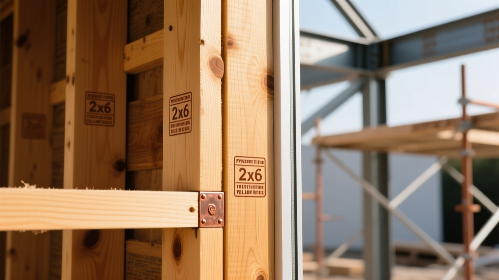 Close-up of pressure-treated Southern Yellow Pine 2x6 studs with copper-based preservative stamps being framed into a load-bearing exterior wall