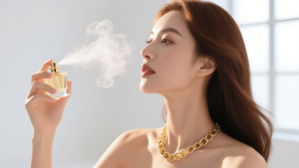 Close-up of a woman wearing a delicate gold chain, spraying perfume into the air away from the jewelry to prevent damage.