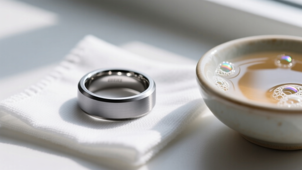 Close-up of a brushed grey tungsten carbide wedding band resting on a microfiber cloth next to a small bowl of warm soapy water.