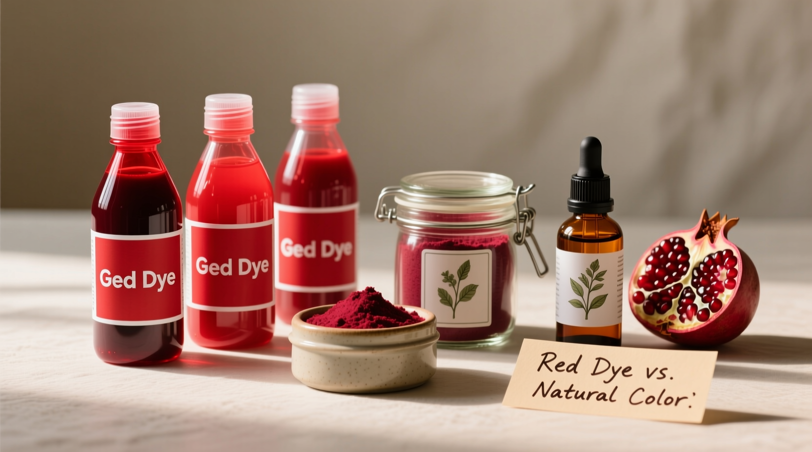 Red food dye bottles next to natural coloring alternatives