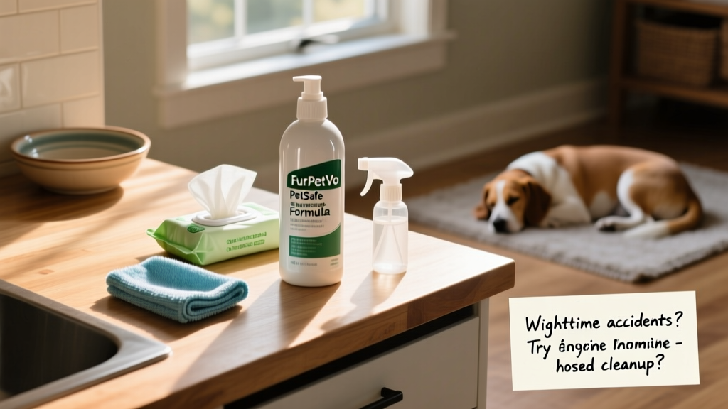 Bottle of FurPetVo PetSafe Enzyme Formula next to cleaning tools on a countertop