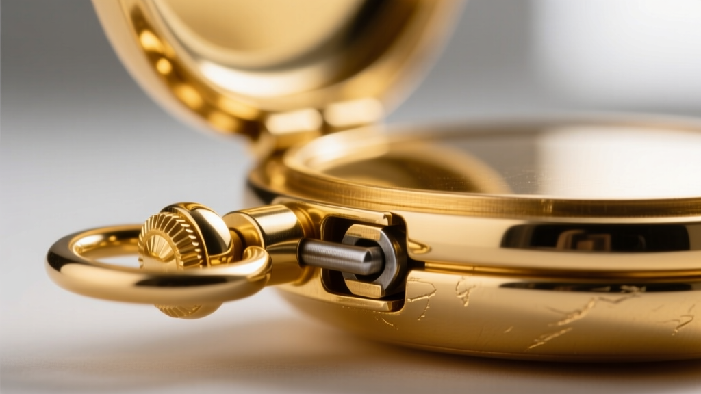 Side profile macro photography of a 14k gold locket hinge mechanism, showing interlocking knuckles and a sturdy steel pin.