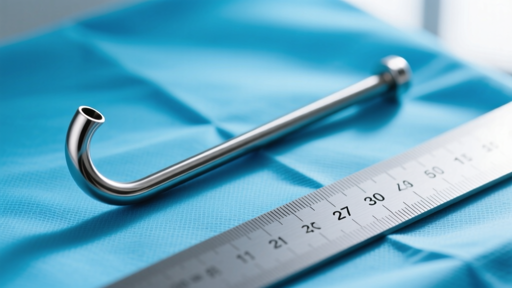 Macro shot of a 14-gauge implant grade titanium curved barbell resting on a sterile blue drape next to a precise metric ruler