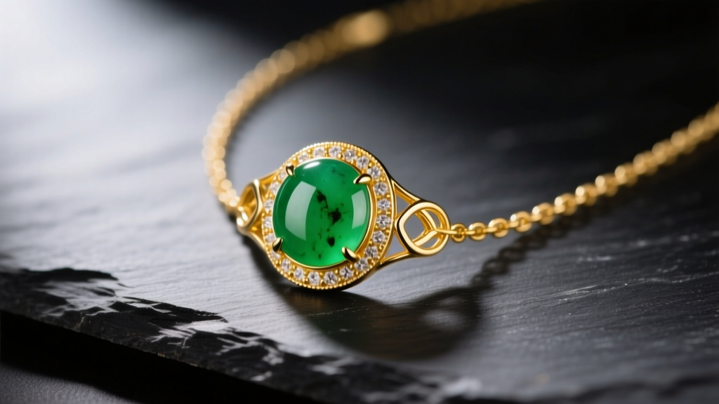 Macro photo of a 14k yellow gold luck necklace featuring a bezel-set jadeite cabochon resting on dark slate, studio lighting
