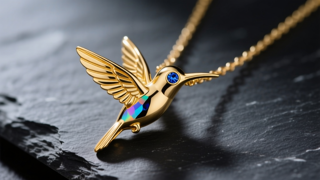 Macro shot of a 14k yellow gold hummingbird pendant necklace on dark slate, highlighting intricate feather textures and a sapphire eye