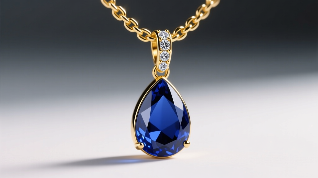 Macro photography of a 1.2mm 14k yellow gold box chain threading through a diamond-studded bail on a sapphire teardrop pendant