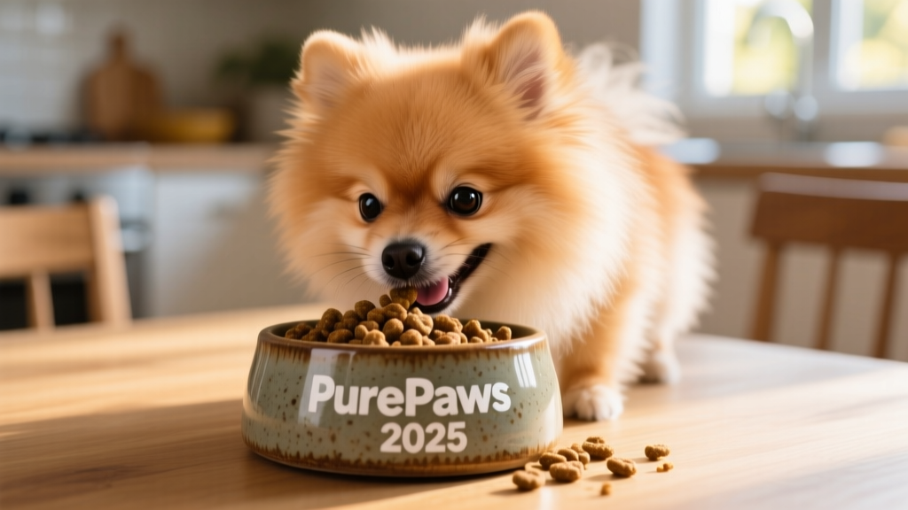 Close-up of a happy small dog (e.g., Chihuahua or Pomeranian) eating from a ceramic bowl with high-quality kibble visible