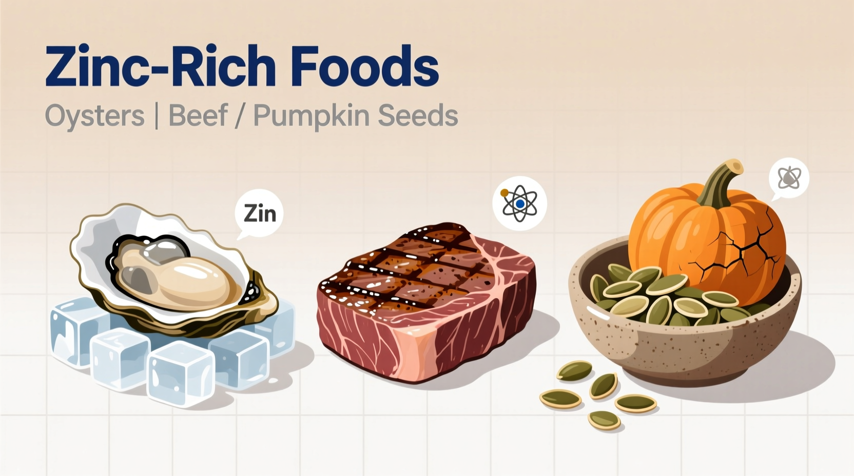 Zinc-rich foods including oysters, beef, and pumpkin seeds
