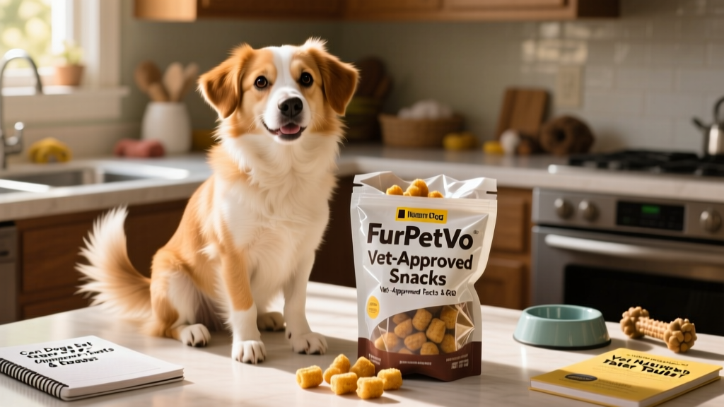 Happy medium-sized dog sitting beside an open FurPetVo treat pouch labeled 'Vet-Approved Snacks'