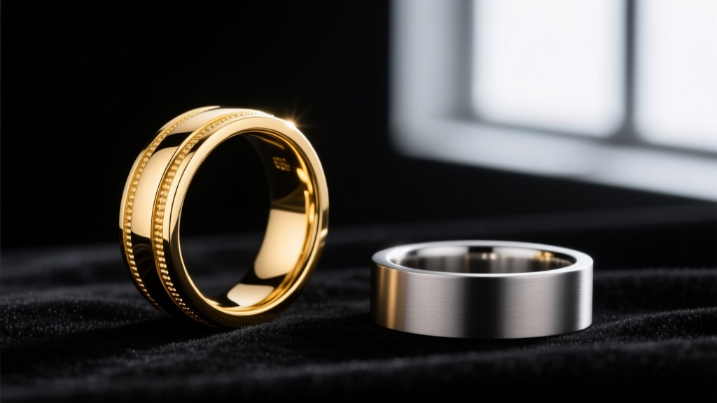 Macro photography comparing a polished 14k gold orbital ring and a matte implant-grade titanium hoop on a dark velvet surface.