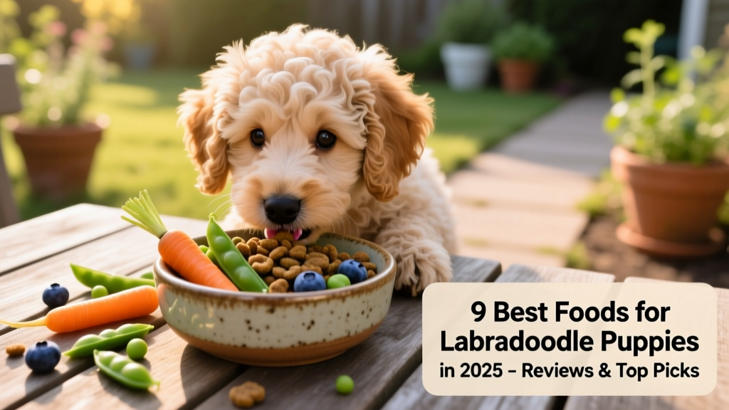 Close-up of a Labradoodle puppy eating from a ceramic bowl filled with kibble and fresh vegetables