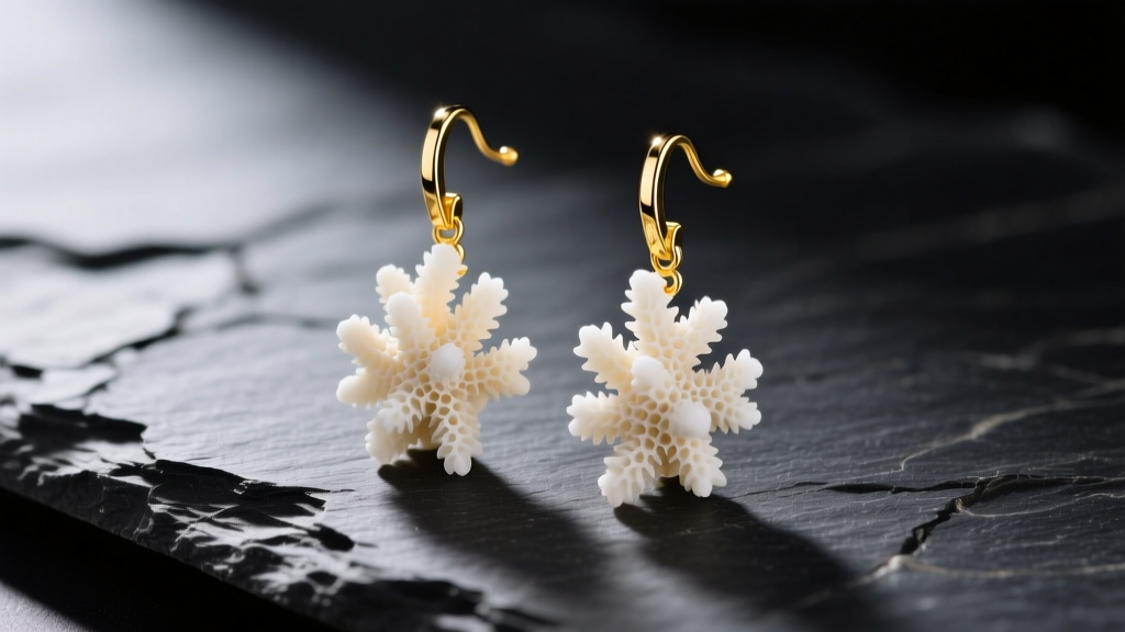 Macro shot of white coral drop earrings set in 18k yellow gold, resting on dark textured slate with soft directional lighting