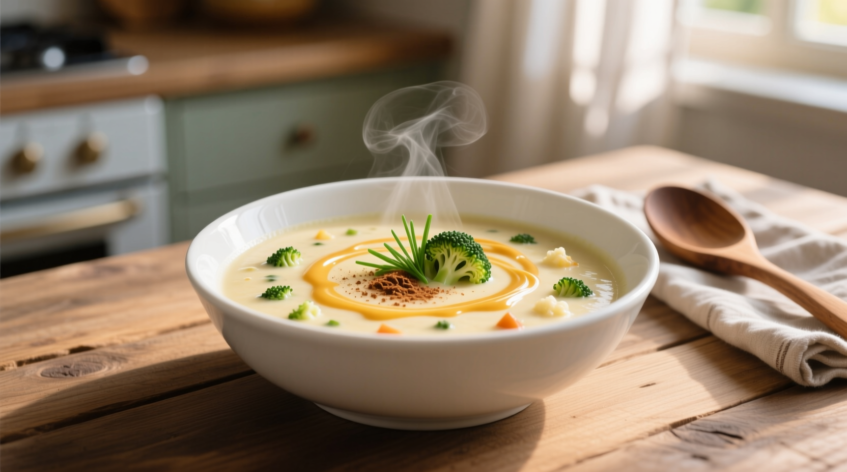 Creamy broccoli cauliflower cheese soup in white bowl