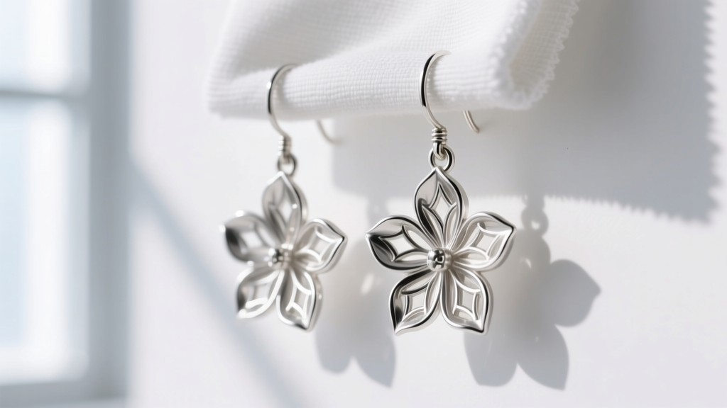 Argentium silver flower dangle earrings wiped with a cloth, revealing the bright untarnished finish of the germanium metal alloy