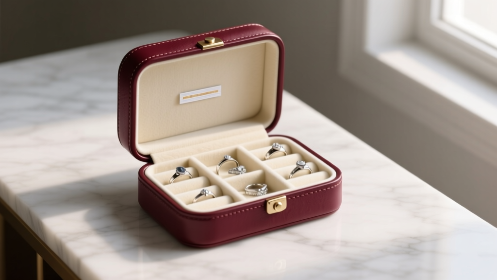 Burgundy leather mini jewelry case on marble, showing cream velvet ring rolls and a small anti-tarnish strip in soft warm lighting