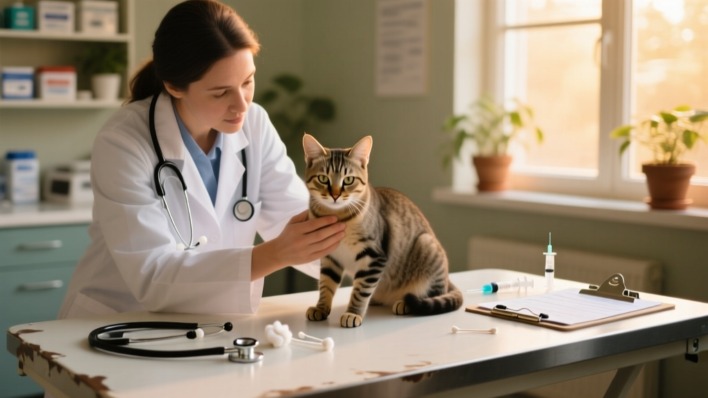 Veterinarian gently examining a calm stray cat on an exam table, with basic tools visible