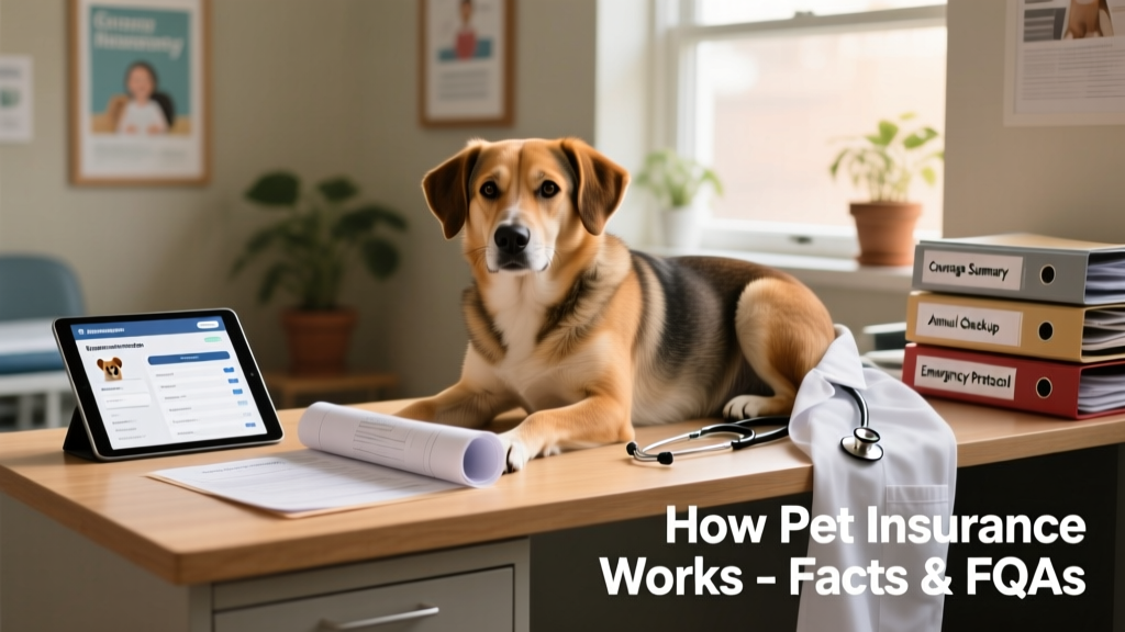 A calm dog resting beside a veterinarian’s desk with medical records visible, illustrating a routine vet visit