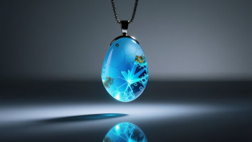 Milky-blue Dominican amber pendant examined under a 365nm UV flashlight in a dim room, highlighting its natural fluorescence.