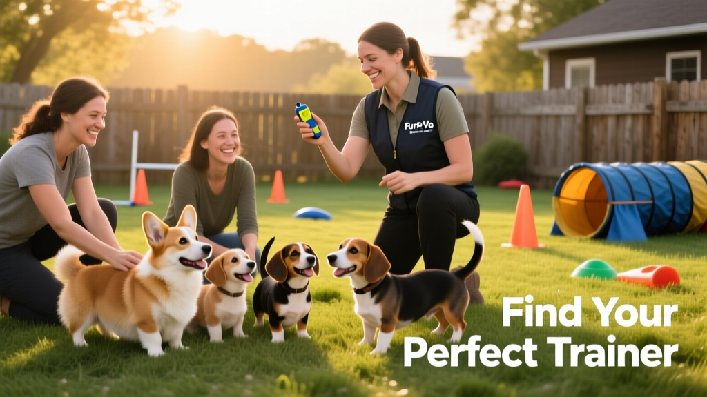 A small group of puppies and owners participating in a joyful, well-supervised puppy class led by a FurPetVo-certified trainer