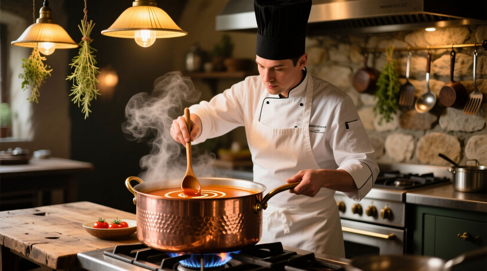 Chef preparing creamy tomato bisque in copper pot