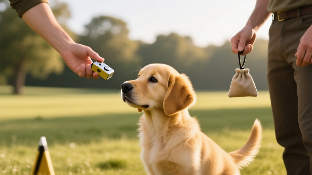 Golden retriever puppy focusing on a handler holding a standard box clicker and small treat pouch during a training session
