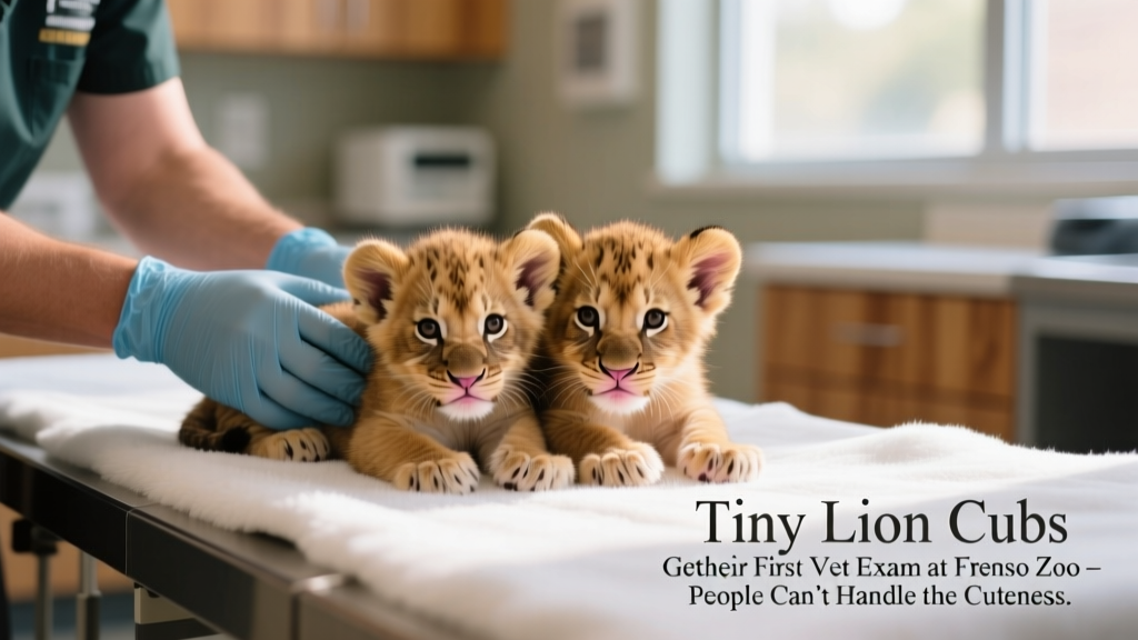 Two tiny lion cubs nestled together on a soft veterinary exam table, gently held by a gloved zoo staff member