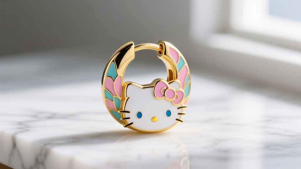 Close-up of 14k yellow gold Hello Kitty huggie hoop with champlevé enamel and secure clicker hinge resting on white marble