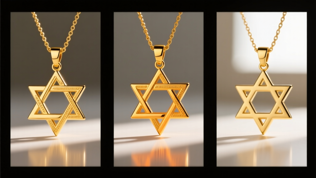 Side-by-side view of three Star of David pendants in 24k, 18k, and 14k yellow gold, displaying subtle color depth differences.