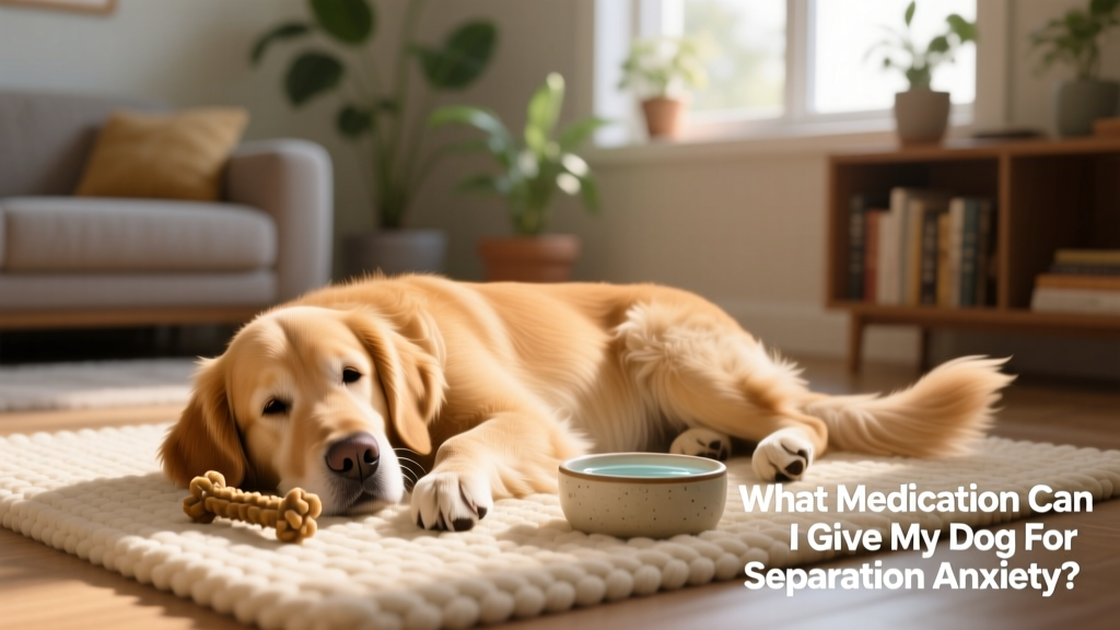 A happy, relaxed dog lying peacefully on a soft mat beside a favorite toy and water bowl, indicating successful anxiety management