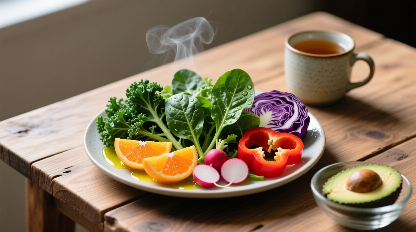Colorful plate of alkaline-rich foods including leafy greens, citrus fruits, and vegetables