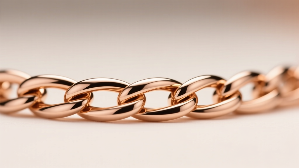 Macro shot of a delicate 18k rose gold herringbone chain showing the tight, flat, liquid-like weave reflecting soft studio light.