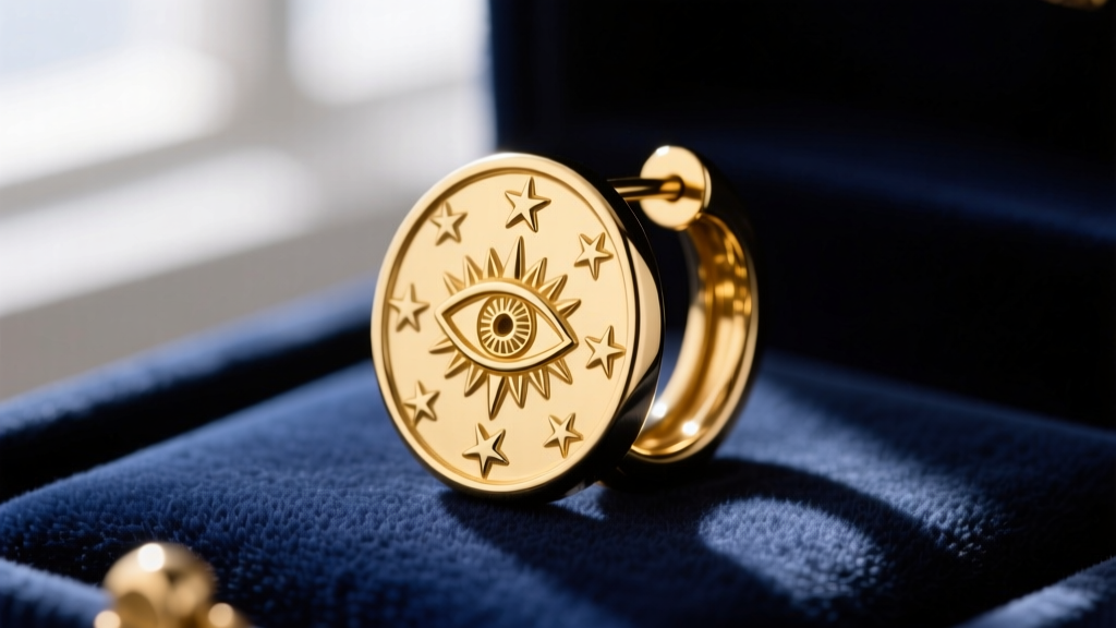 Macro shot of an 18k gold huggie earring featuring an engraved all-seeing eye and star motifs resting on a dark velvet background.