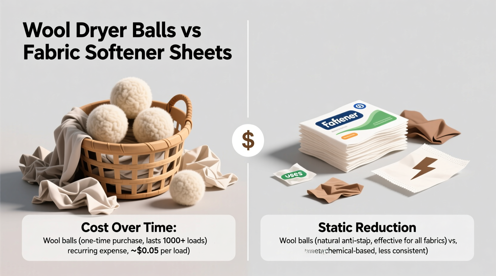 wool dryer balls vs fabric softener sheets cost and static reduction compared